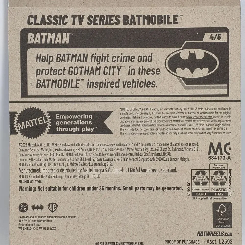 HOT WHEELS BATMOBILE TOONED 2026 #144/250 PURPLE RED WHEELS BATMAN - NIB